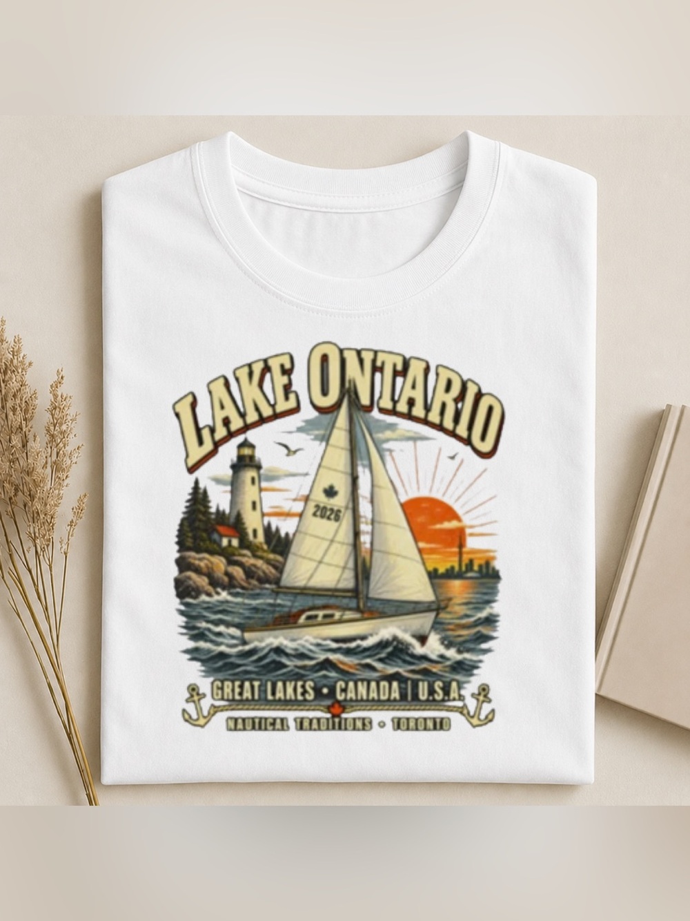 Lake Ontario White Graphic Tee - Nautical Sailboat With Outdoor Vintage Style